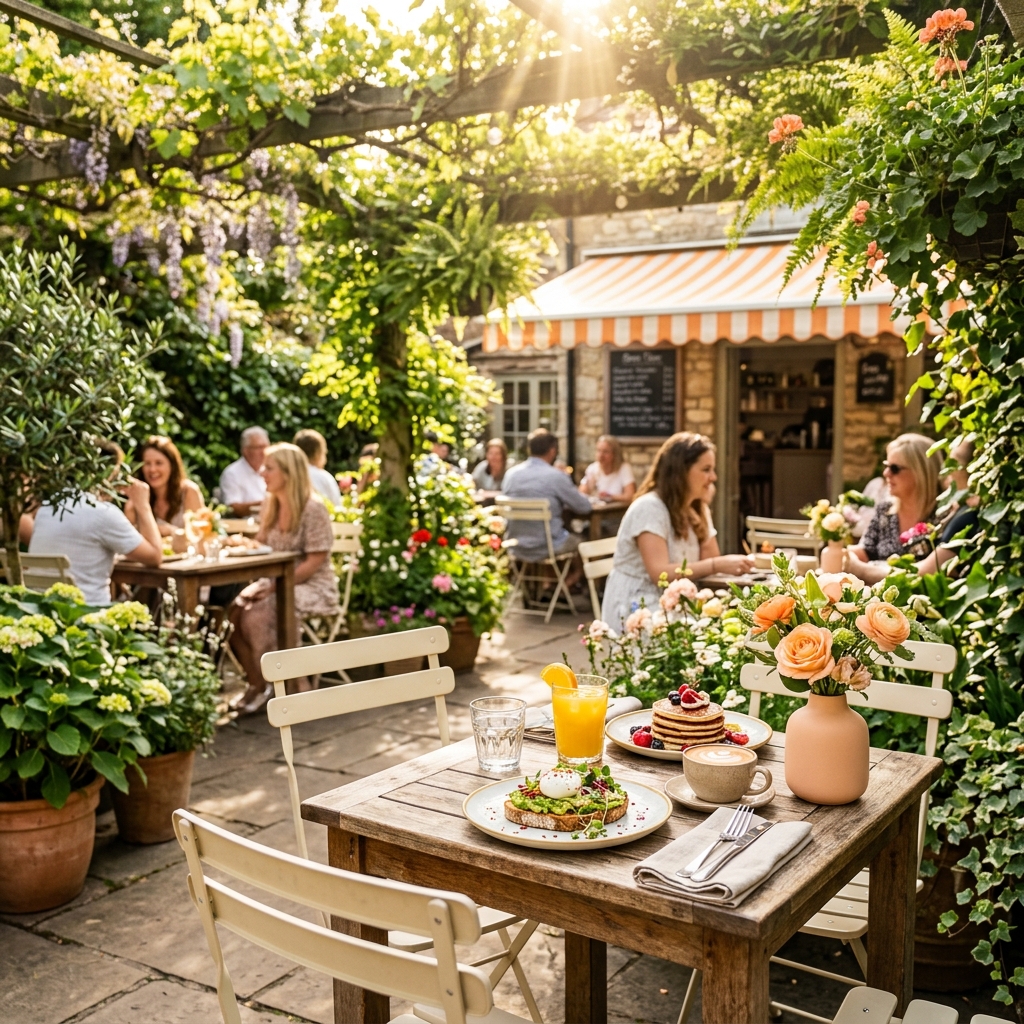 Cheerful sunny botanical outdoor cafe seating