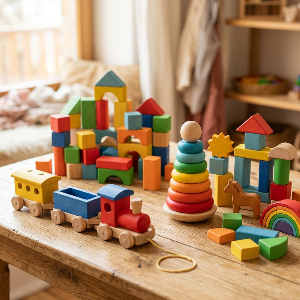 Colorful handmade wooden toys on a tabletop