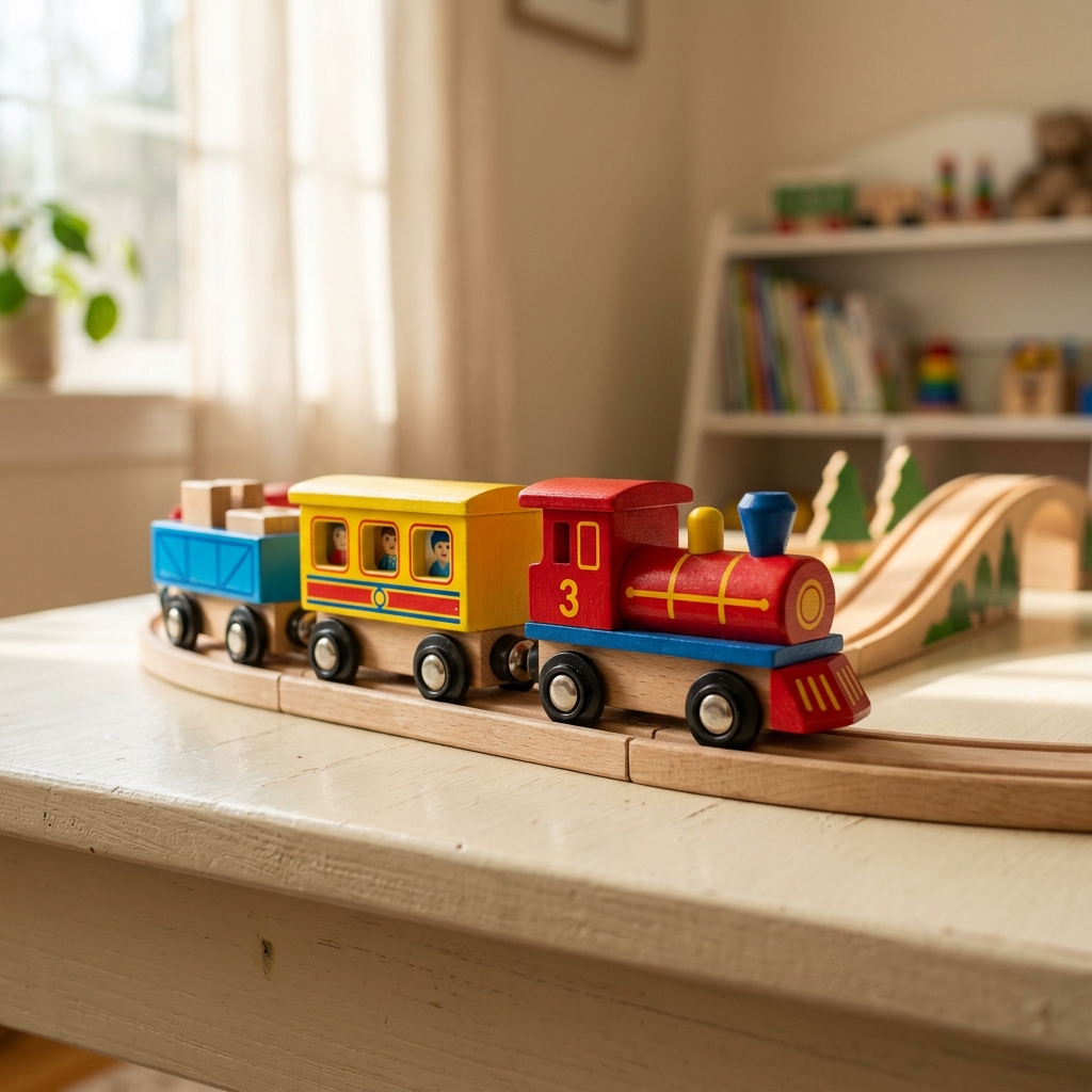Handcrafted wooden toy train on a warm tabletop
